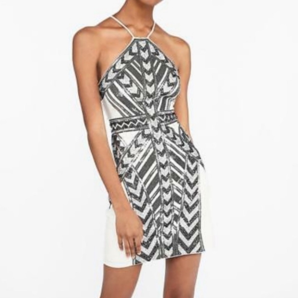 Express Ivory Halter Mini Dress with Black and Silver Sequins, Size M